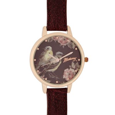 Ladies dark red floral bird dial watch